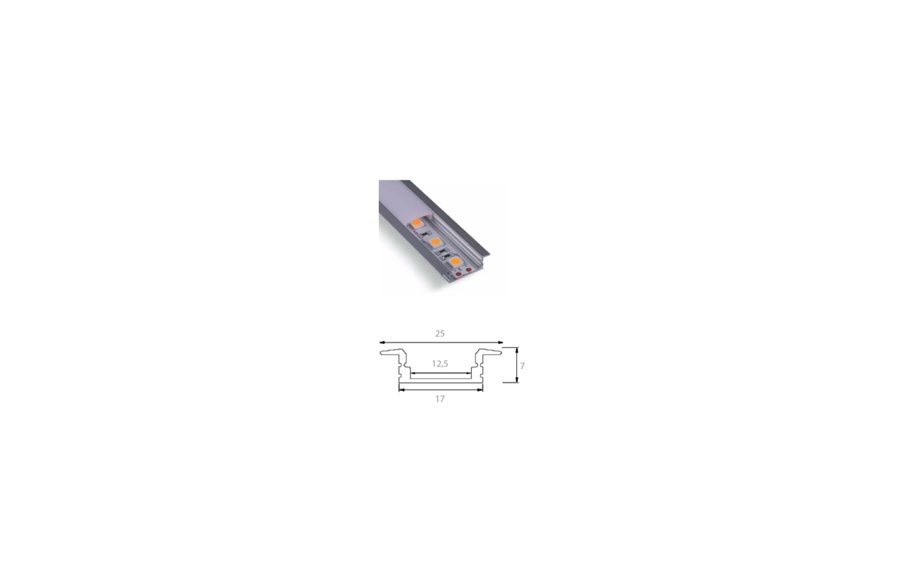 Perfil de alumínio de encastrar com aba 17x7mm com difusor opalino 2m Ledvision