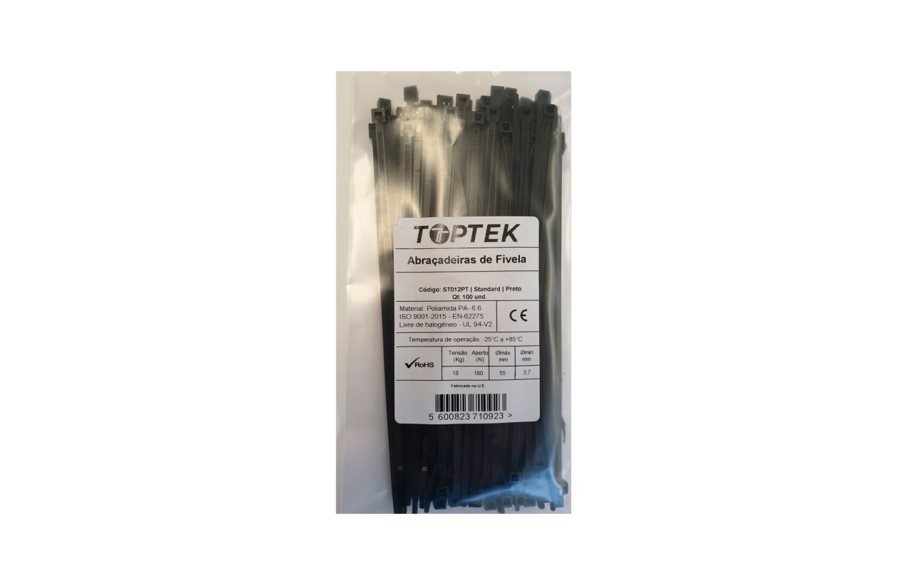 Abraçadeira de serrilha 100x2,5 mm preto com proteção UV - Toptek