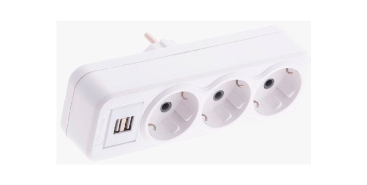 Ficha tripla 2P+T com 2 portas USB